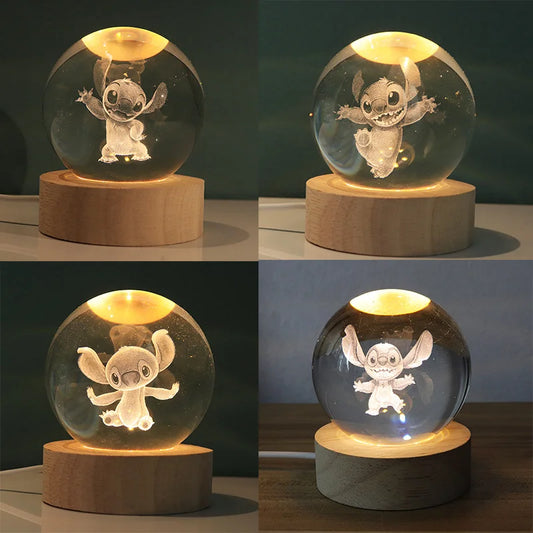 Stitch cartoon crystal ball glowing， 3D carved small night light， desktop decoration creative gift